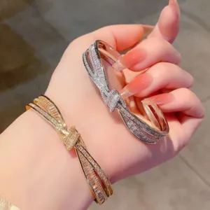 Crystal Bow Bangle Bracelet with Crossed Ribbon Design