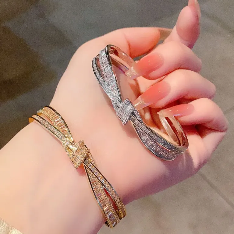 Crystal Bow Bangle Bracelet with Crossed Ribbon Design