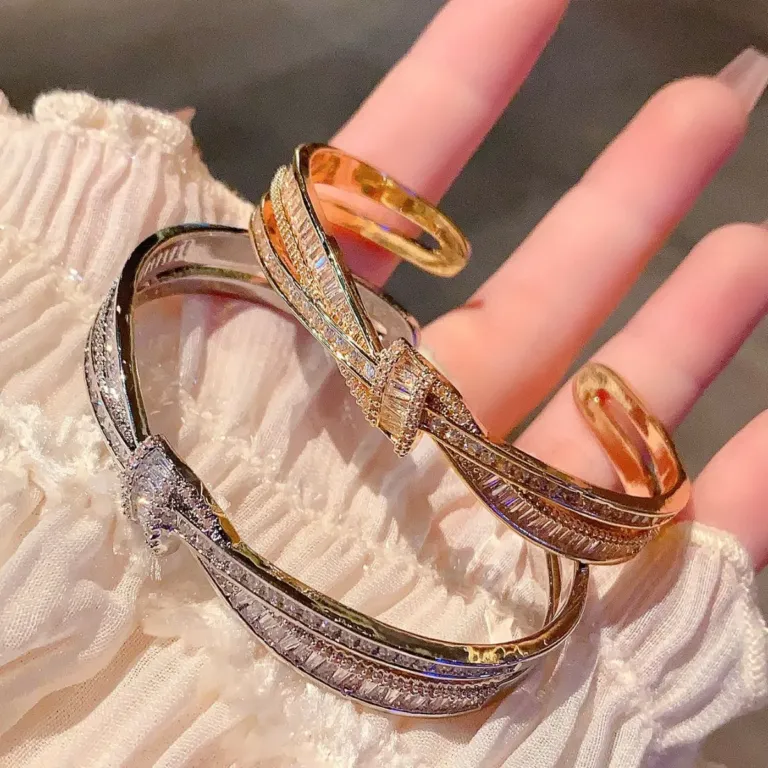 Crystal Bow Bangle Bracelet with Crossed Ribbon Design
