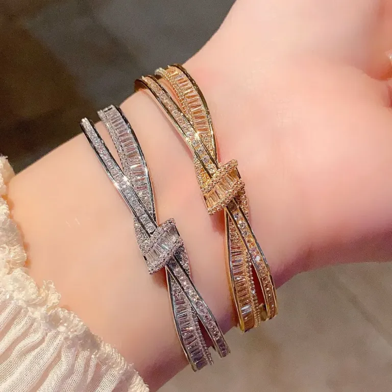 Crystal Bow Bangle Bracelet with Crossed Ribbon Design