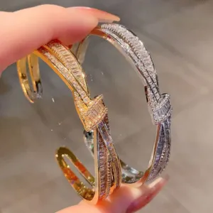 Crystal Bow Bangle Bracelet with Crossed Ribbon Design