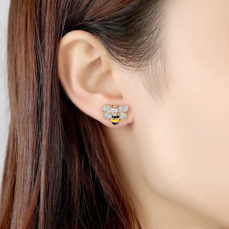 Cute Bee Zirconia Stud Earrings with Sparkling Wings
