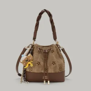 Dark Brown Drawstring Bucket Bag with Braided Handle