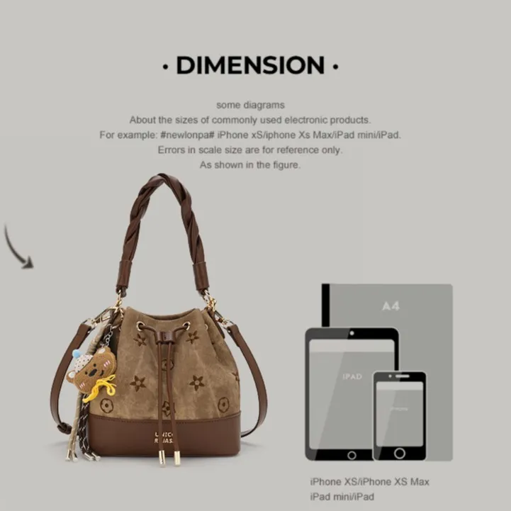 Dark Brown Drawstring Bucket Bag with Braided Handle