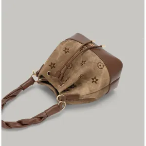 Dark Brown Drawstring Bucket Bag with Braided Handle