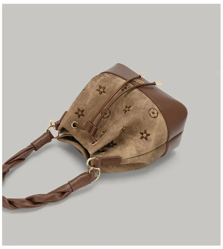 Dark Brown Drawstring Bucket Bag with Braided Handle
