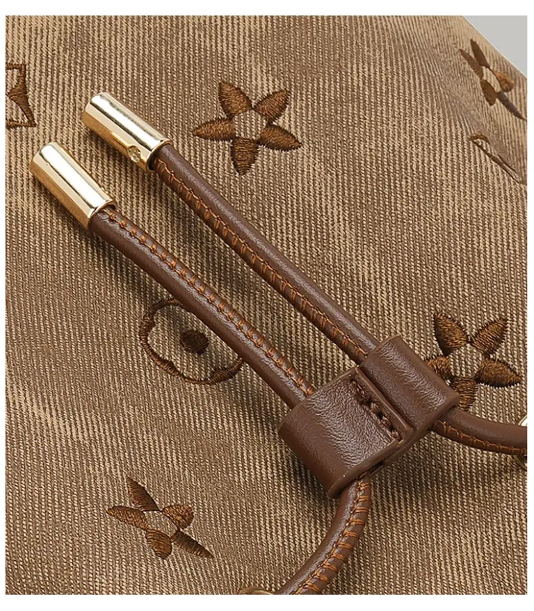 Dark Brown Drawstring Bucket Bag with Braided Handle