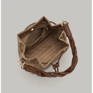 Dark Brown Drawstring Bucket Bag with Braided Handle