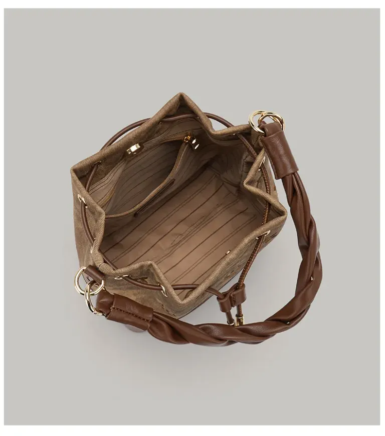 Dark Brown Drawstring Bucket Bag with Braided Handle