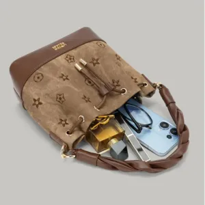 Dark Brown Drawstring Bucket Bag with Braided Handle