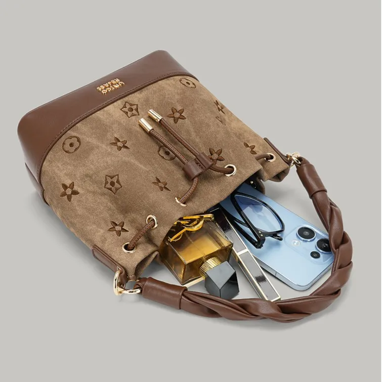 Dark Brown Drawstring Bucket Bag with Braided Handle
