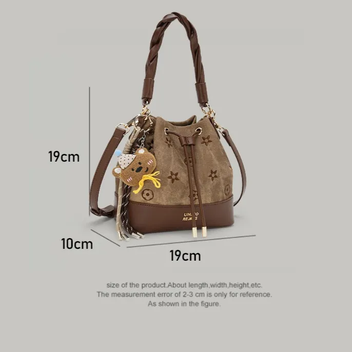 Dark Brown Drawstring Bucket Bag with Braided Handle