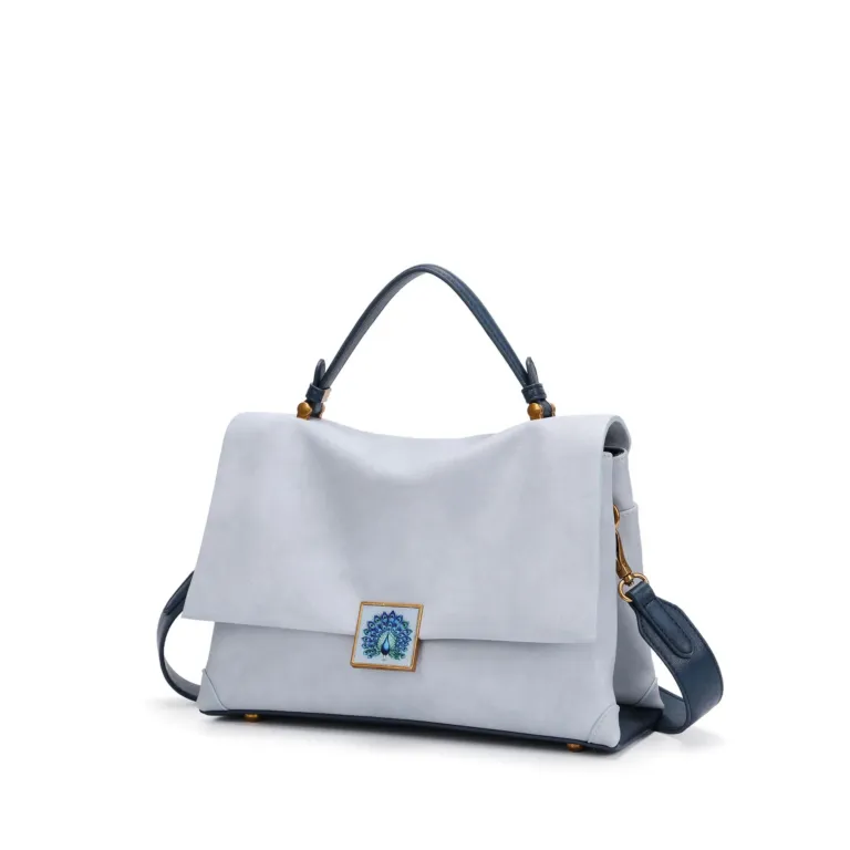 Flap Top Handle Bag with Peacock Clasp and Crossbody Strap