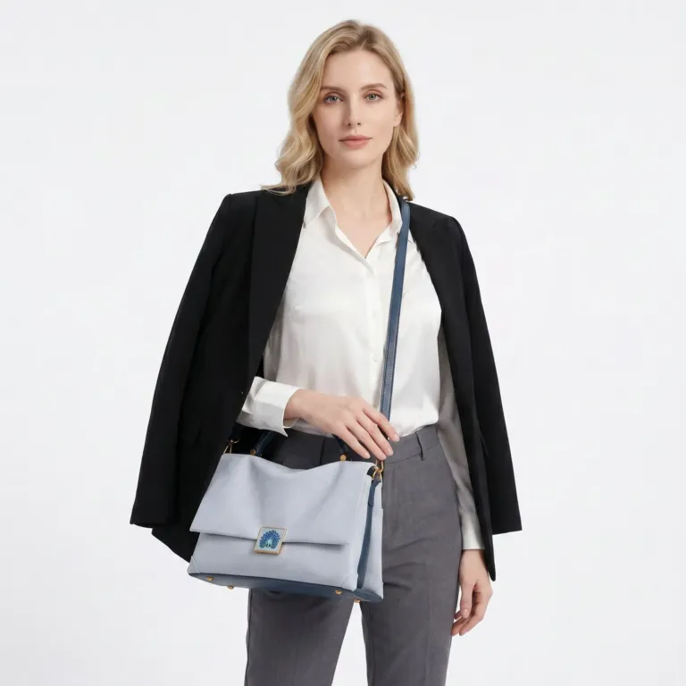 Flap Top Handle Bag with Peacock Clasp and Crossbody Strap