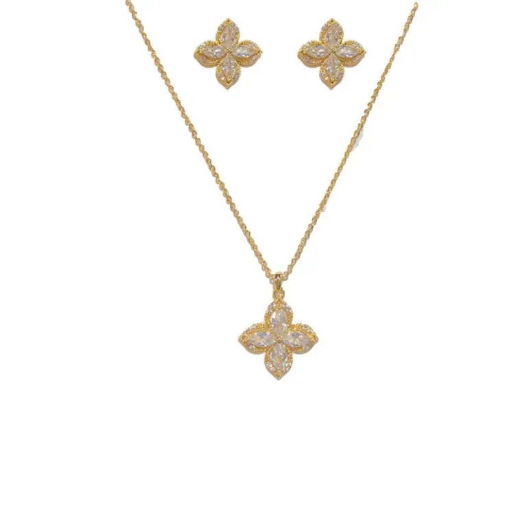 Four Petal Flower Necklace and Stud Earrings Set with Zirconia Accents