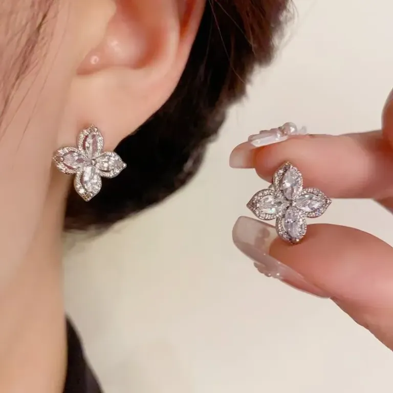 Four Petal Flower Necklace and Stud Earrings Set with Zirconia Accents