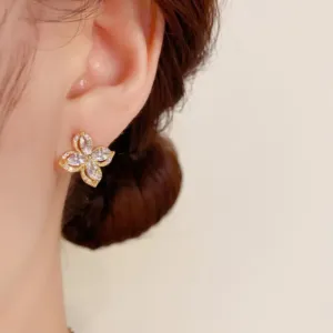 Four Petal Flower Necklace and Stud Earrings Set with Zirconia Accents