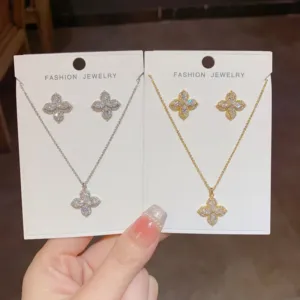 Four Petal Flower Necklace and Stud Earrings Set with Zirconia Accents