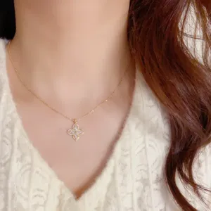 Four Petal Flower Necklace and Stud Earrings Set with Zirconia Accents