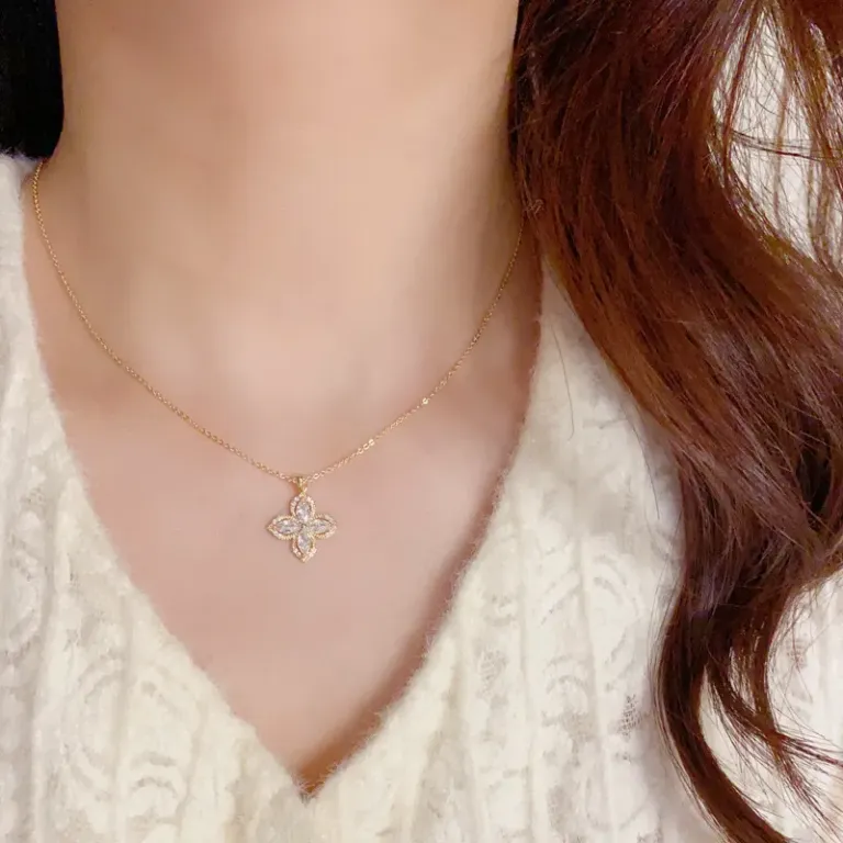 Four Petal Flower Necklace and Stud Earrings Set with Zirconia Accents