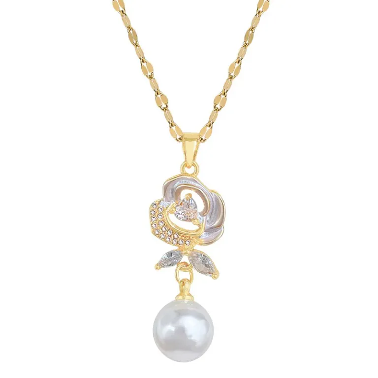Gold Tone Flower Necklace and Earrings Set with Pearl Like Drops