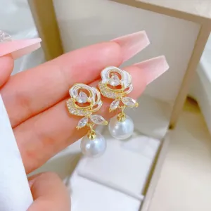 Gold Tone Flower Necklace and Earrings Set with Pearl Like Drops