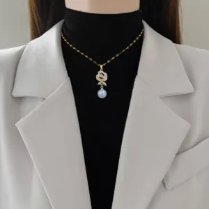 Gold Tone Flower Necklace and Earrings Set with Pearl Like Drops