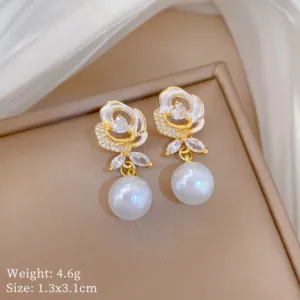 Gold Tone Flower Necklace and Earrings Set with Pearl Like Drops Earrings