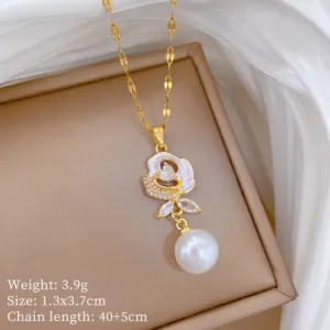 Gold Tone Flower Necklace and Earrings Set with Pearl Like Drops Necklace