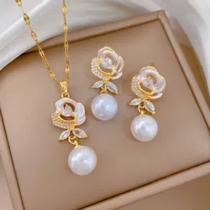 Gold Tone Flower Necklace and Earrings Set with Pearl Like Drops Sets