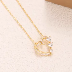 Gold Tone Heart Collarbone Necklace with Sparkling Crystal Accents
