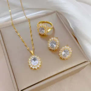 Gold Tone Oval Zirconia Jewelry Set with Necklace Ring and Earrings