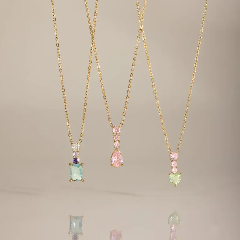 Gold Tone Teardrop Zirconia Pendant Necklace with Colorful Stones