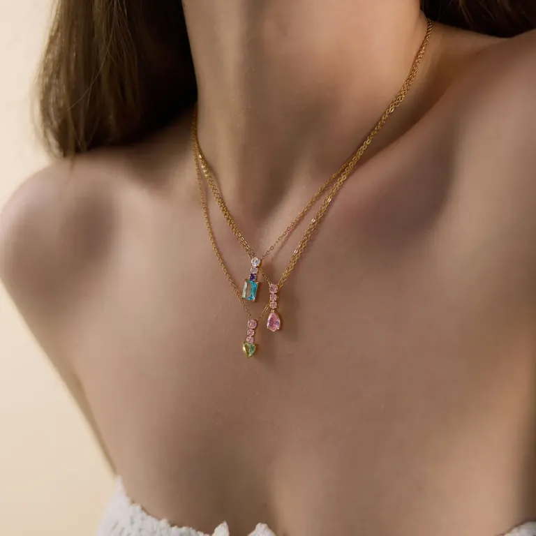 Gold Tone Teardrop Zirconia Pendant Necklace with Colorful Stones