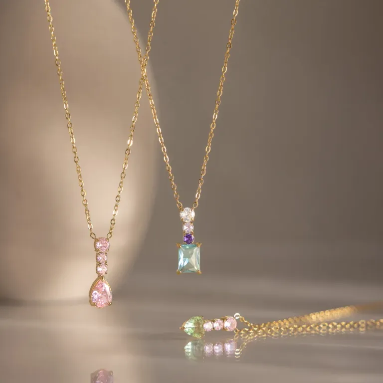 Gold Tone Teardrop Zirconia Pendant Necklace with Colorful Stones