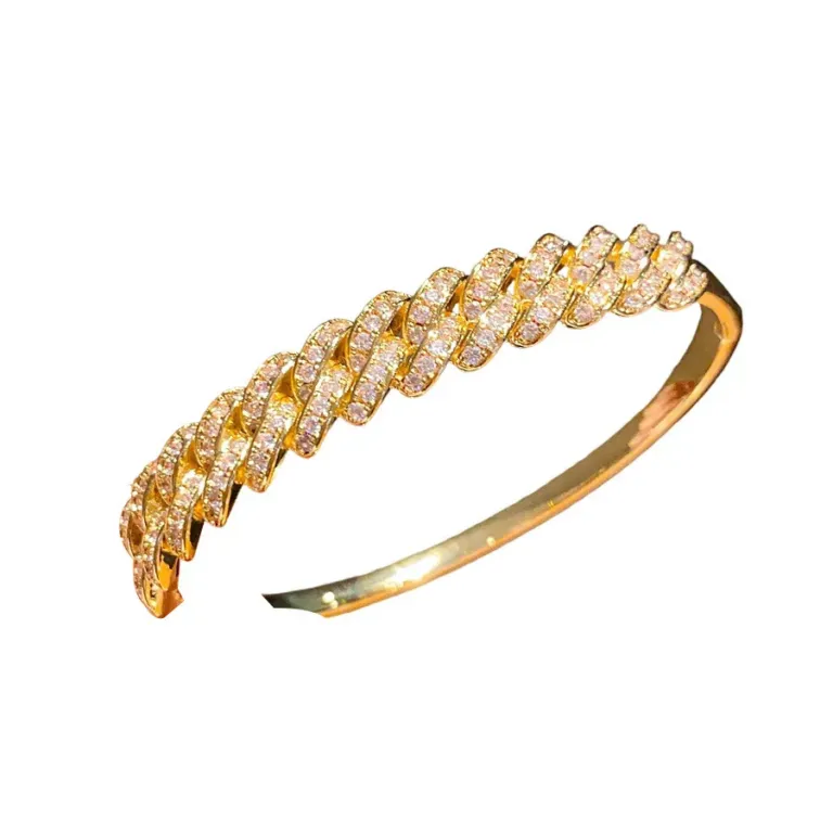 Gold Tone Zirconia Buckle Bangle with Sparkling Chain Detail