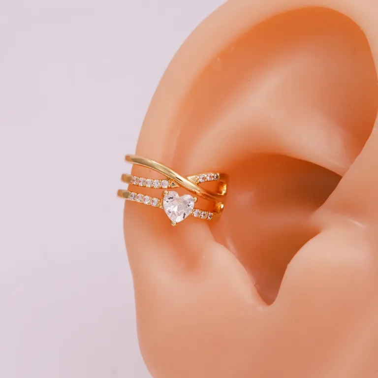 Gold Tone Zirconia Ear Cuff with Sparkling Heart Accent