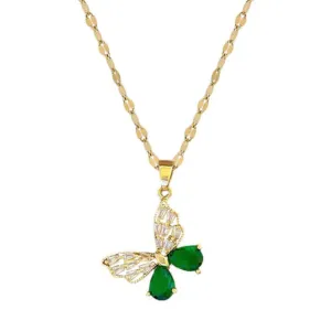 Hollow Butterfly Necklace and Earrings Set with Green Crystal Accents