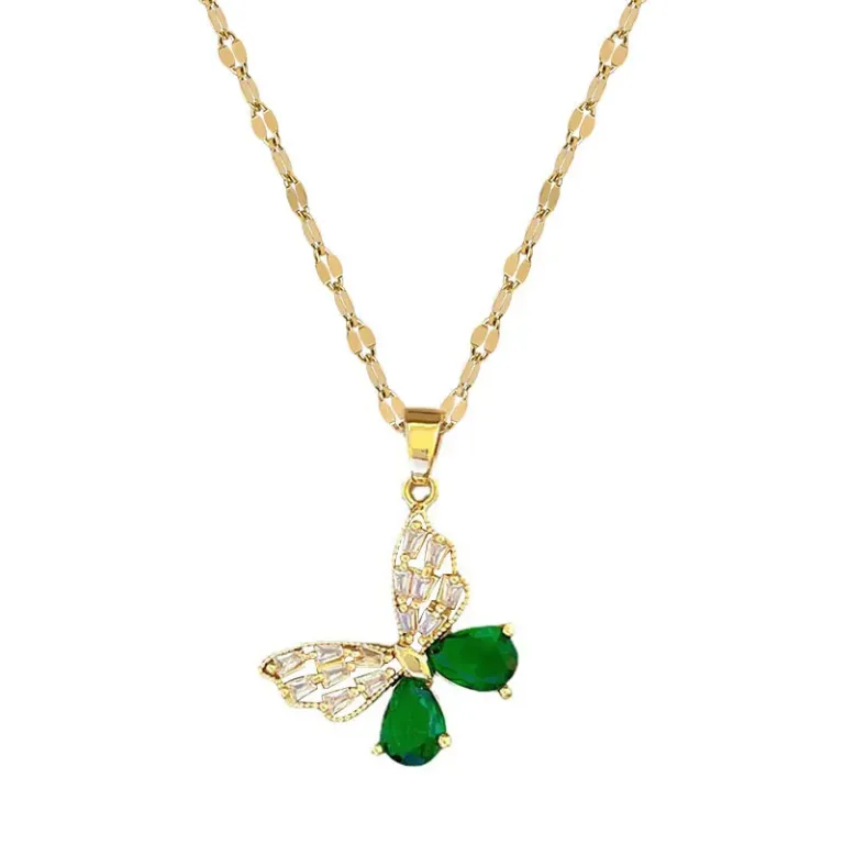 Hollow Butterfly Necklace and Earrings Set with Green Crystal Accents