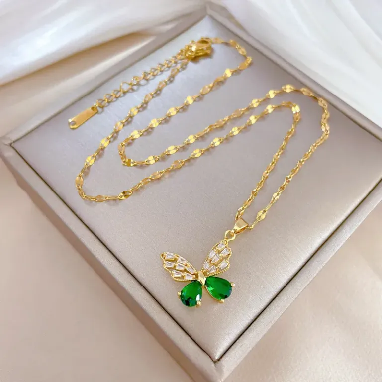 Hollow Butterfly Necklace and Earrings Set with Green Crystal Accents