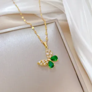 Hollow Butterfly Necklace and Earrings Set with Green Crystal Accents