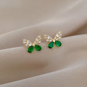 Hollow Butterfly Necklace and Earrings Set with Green Crystal Accents