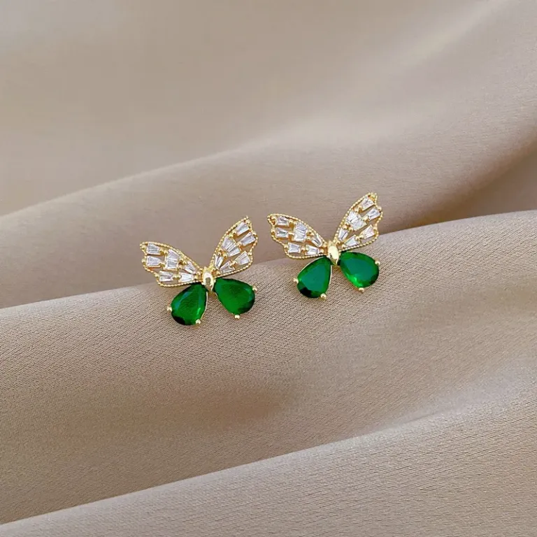 Hollow Butterfly Necklace and Earrings Set with Green Crystal Accents
