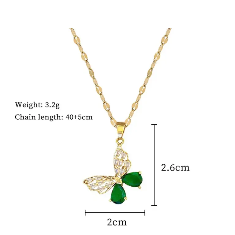 Hollow Butterfly Necklace and Earrings Set with Green Crystal Accents