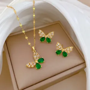 Hollow Butterfly Necklace and Earrings Set with Green Crystal Accents