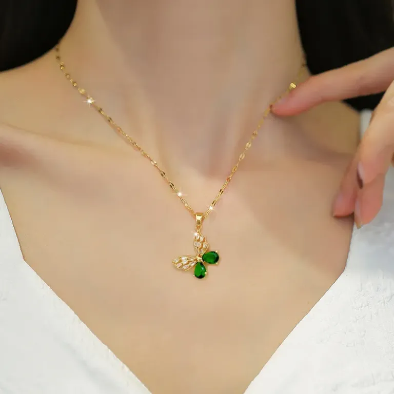 Hollow Butterfly Necklace and Earrings Set with Green Crystal Accents