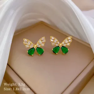 Hollow Butterfly Necklace and Earrings Set with Green Crystal Accents Earrings