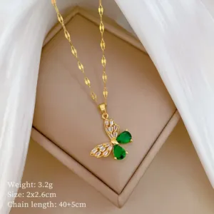 Hollow Butterfly Necklace and Earrings Set with Green Crystal Accents Necklace