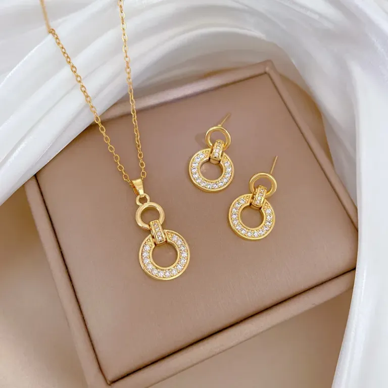 Interlocking Circle Necklace and Earrings Set with Crystal Accents Necklace