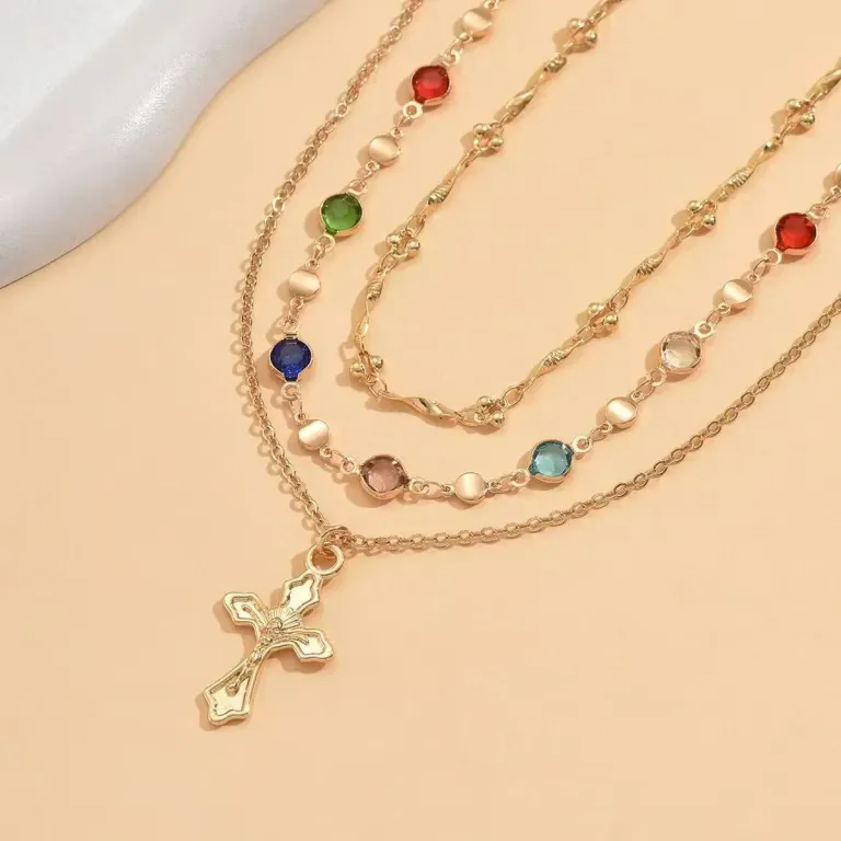 Layered Gold Tone Cross Necklace with Colorful Rhinestone Accents